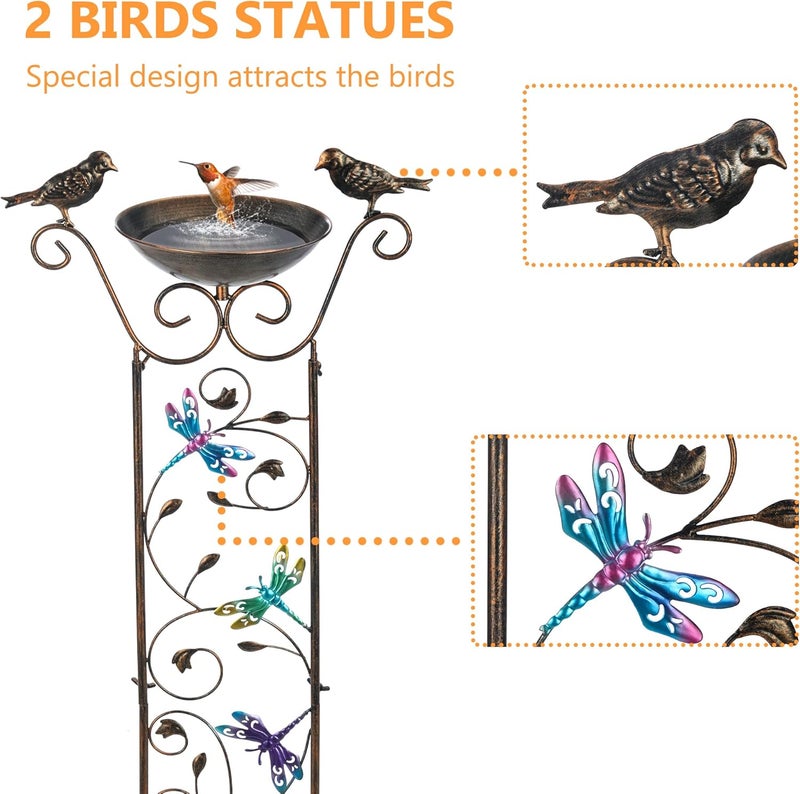 LEWIS&WAYNE Garden Trellis Bird Bath Outdoor, 40 Inch Antique Iron Garden Plant Trellis Decorative with Dragonfly and Detachable Drinking Basin Bowl, Free Standing BirdBath Birdfeeder Station - Image 3